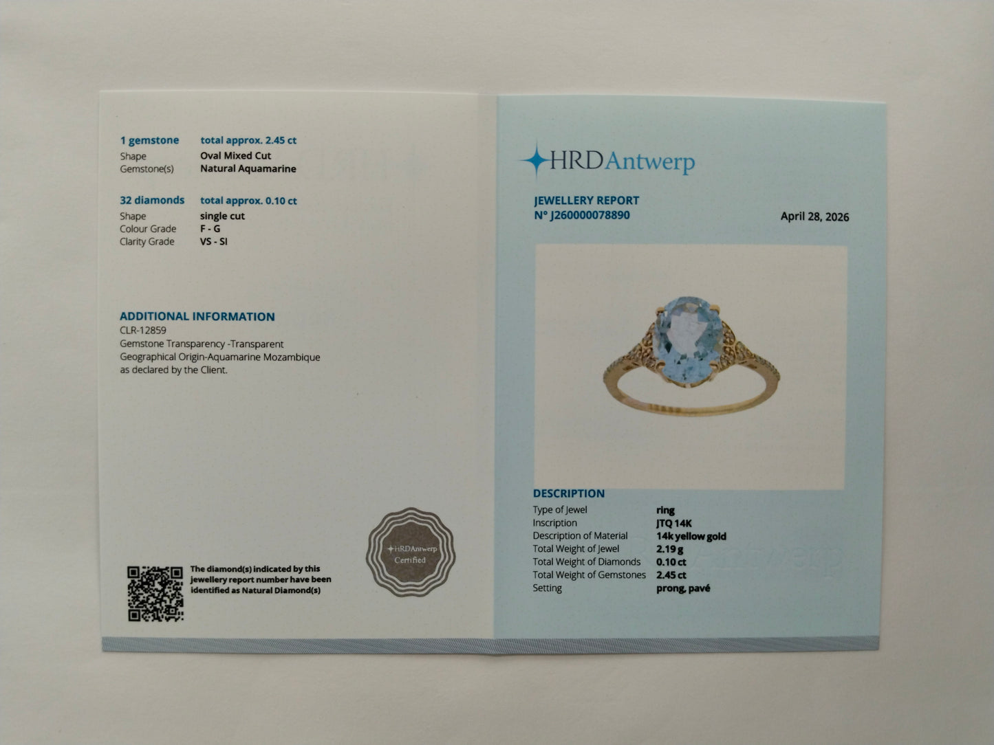2.55 Ct Oval Mixed Cut Natural Aquamarine 14K Gold Ring
