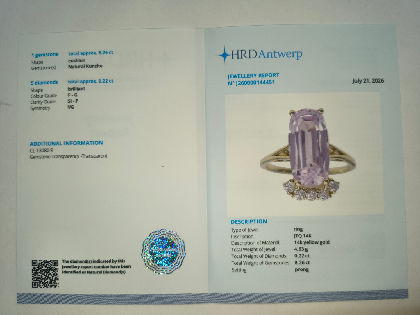 8.48 Ct Cushion Natural Kunzite 14K Gold Ring