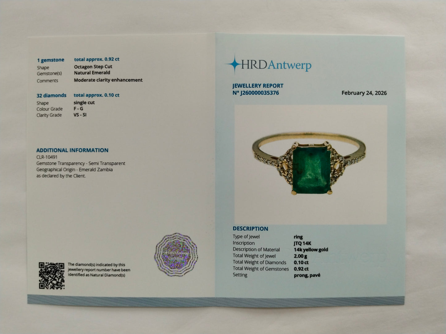 1.02 Ct Octagon Step Cut Natural Emerald 14K Gold Ring