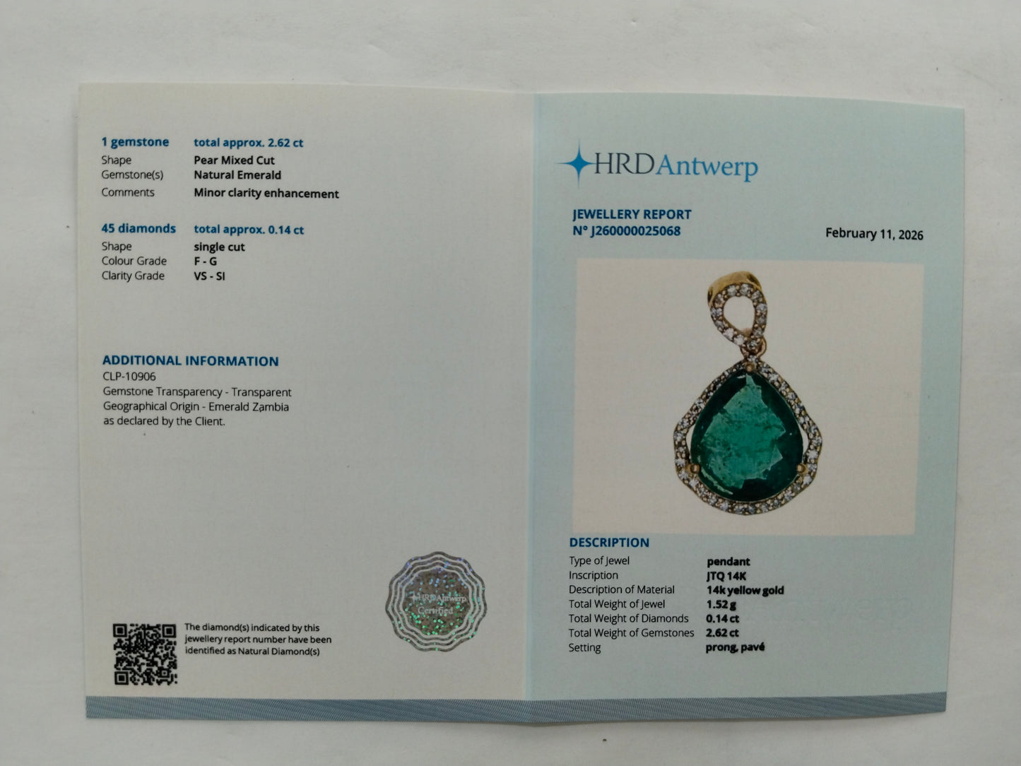 2.76 Ct Pear Mixed Cut Natural Emerald 14K Gold Pendant