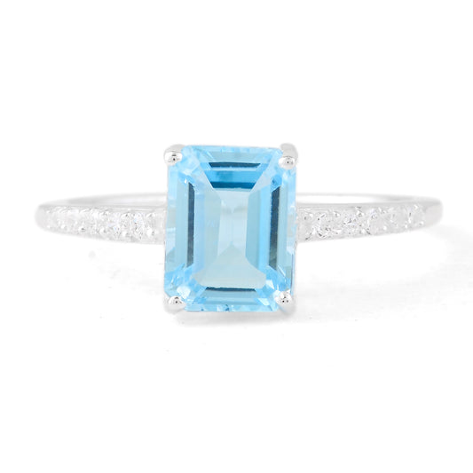 3.17 Ct Octagon Blue Topaz, Cubic Zirconia 925 Sterling Silver Ring