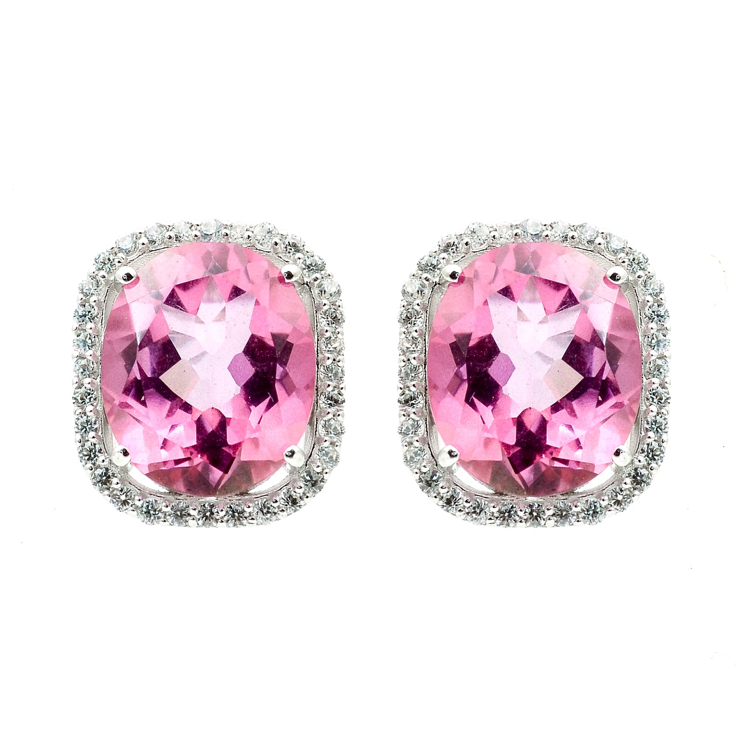12.32 Ct Oval Pink Topaz, White Zircon 925 Sterling Silver Earrings