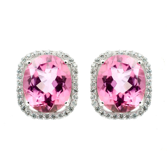 12.32 Ct Oval Pink Topaz, White Zircon 925 Sterling Silver Earrings