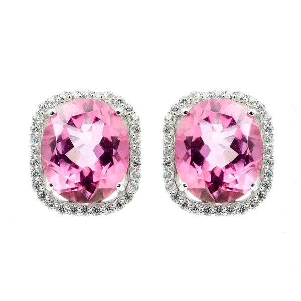 12.32 Ct Oval Pink Topaz, White Zircon 925 Sterling Silver Earrings