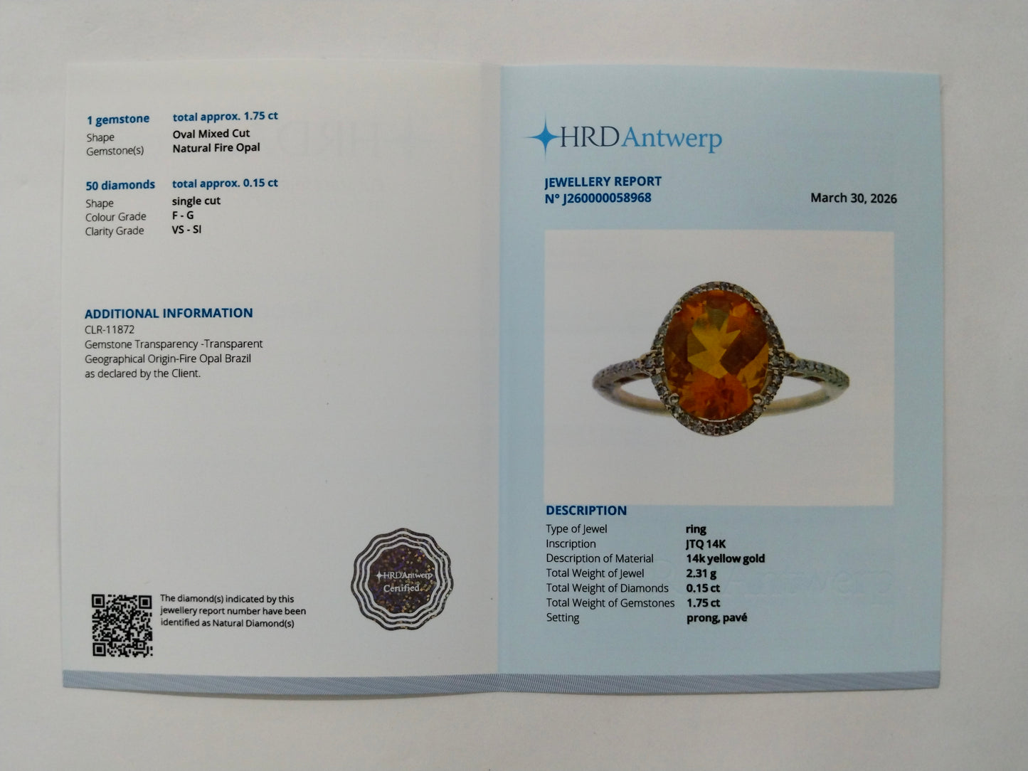 1.90 Ct Oval Mixed Cut Natural Fire Opal 14K Gold Ring