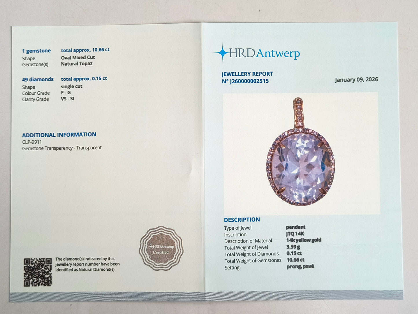 10.81 Ct Oval Mixed Cut Natural Topaz 14K Gold Pendant