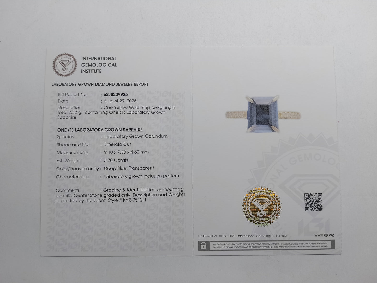 3.76 Ct Emerald Cut Lab Grown Sapphire 14K Gold Ring