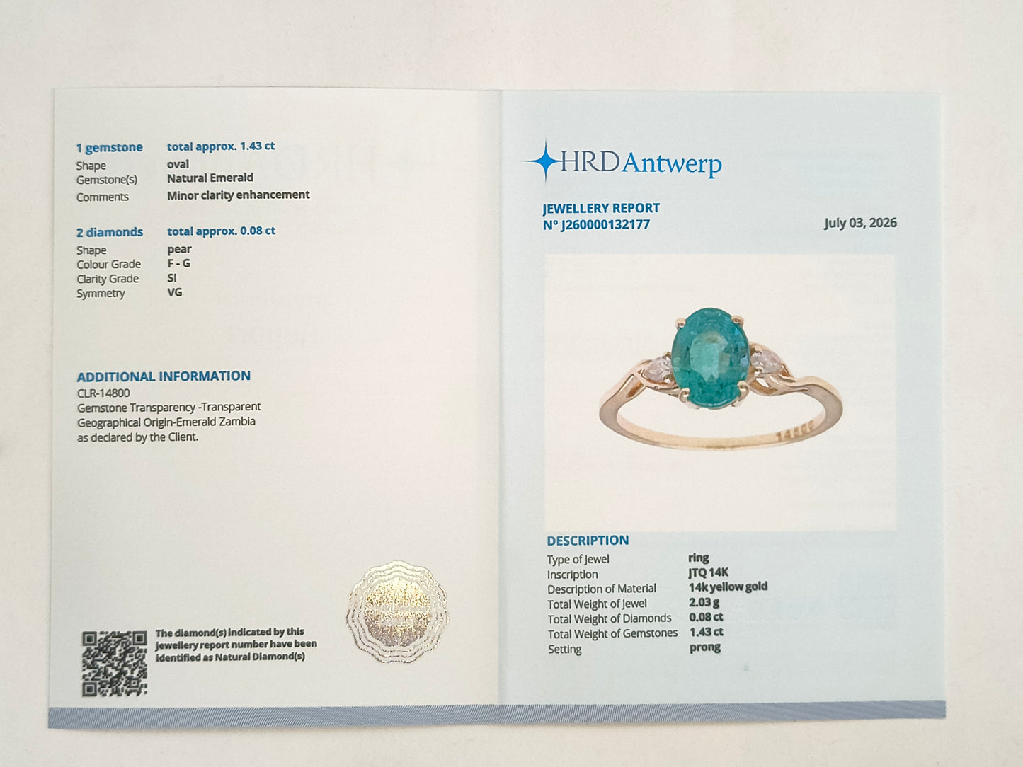 1.51 Ct Oval Natural Emerald 14K Gold Ring