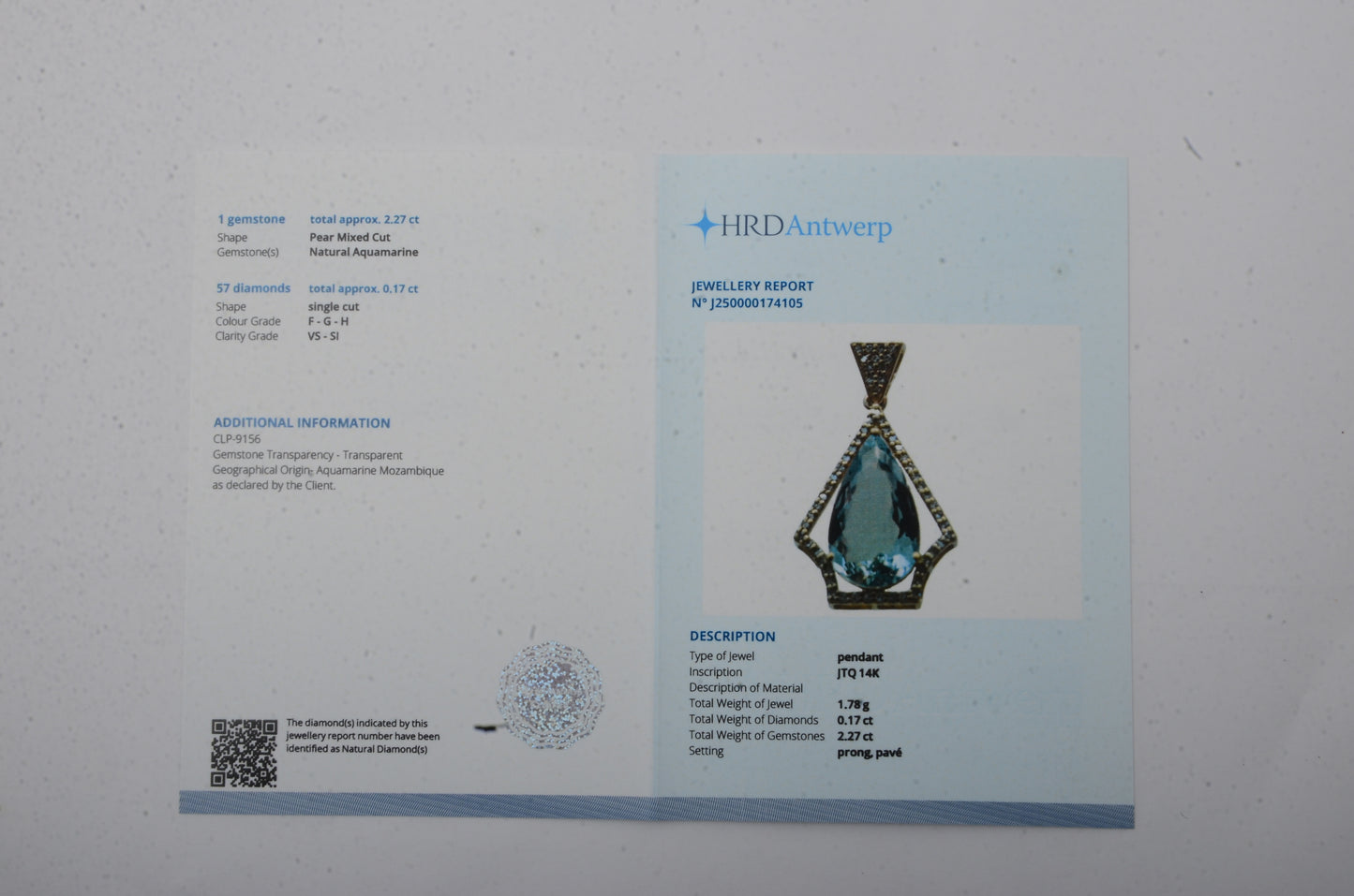 2.44 Ct Pear Mixed Cut Natural Aquamarine 14K Gold Pendant