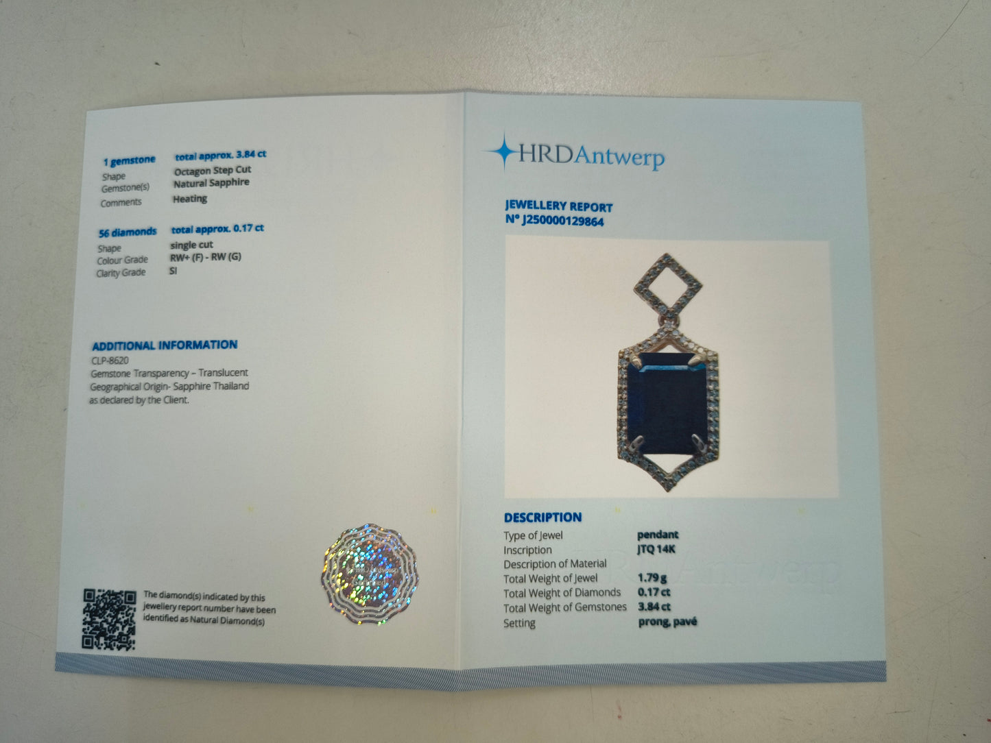 4.01 Ct Octagon Natural Sapphire 14K Gold Pendant