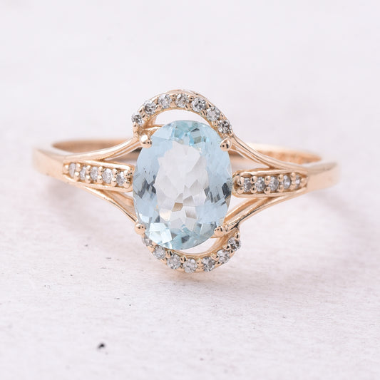 1.18 Ct Oval Mixed Cut Natural Aquamarine 14K Gold Ring