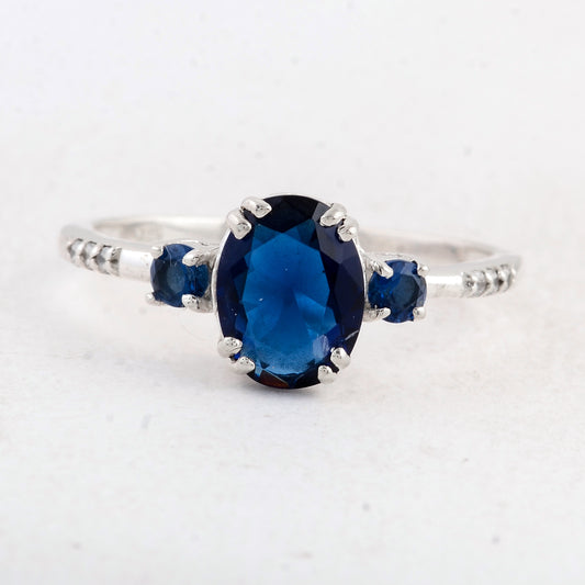 1.62 Ct Oval Created Glass Sapphire 925 Sterling Silver Ring