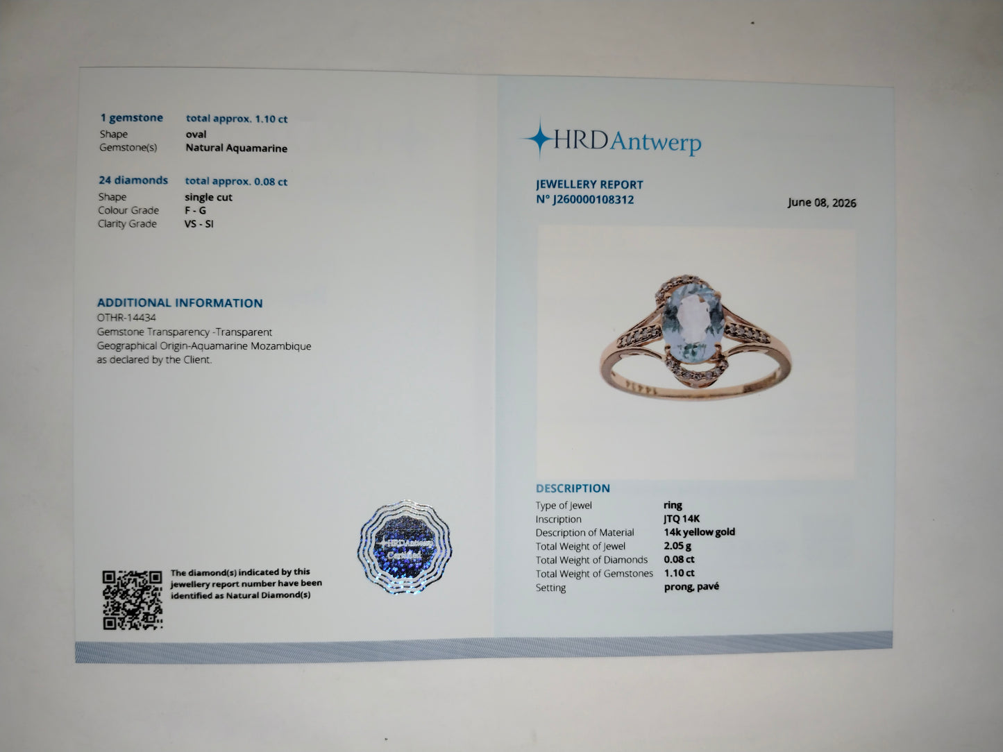 1.18 Ct Oval Mixed Cut Natural Aquamarine 14K Gold Ring