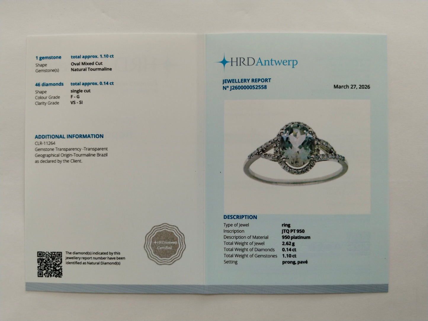 1.24 Ct Oval Mixed Cut Natural Tourmaline 950 Platinum Ring