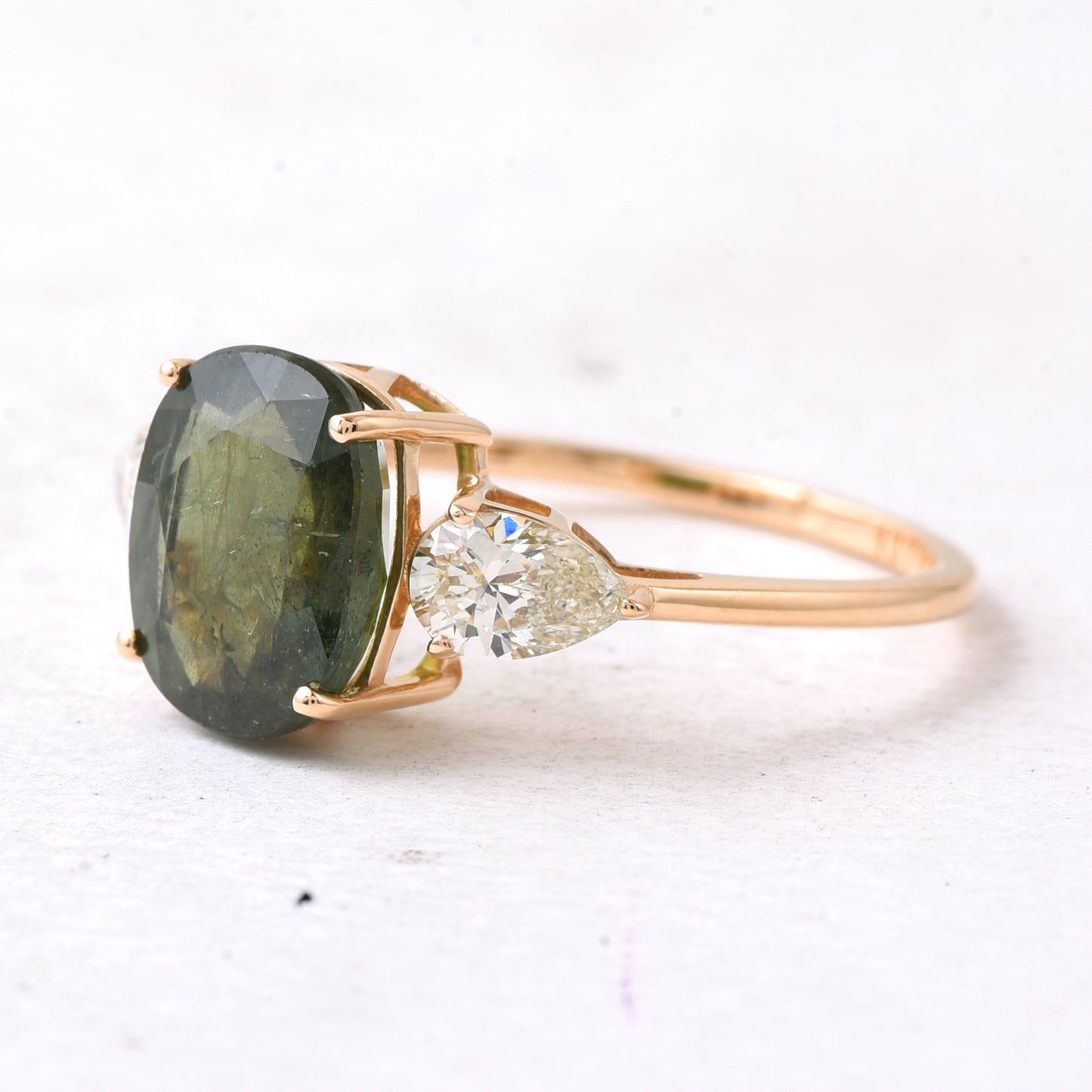 4.06 Ct Cushion Mixed Cut Natural Green Sapphire 14K Gold Ring