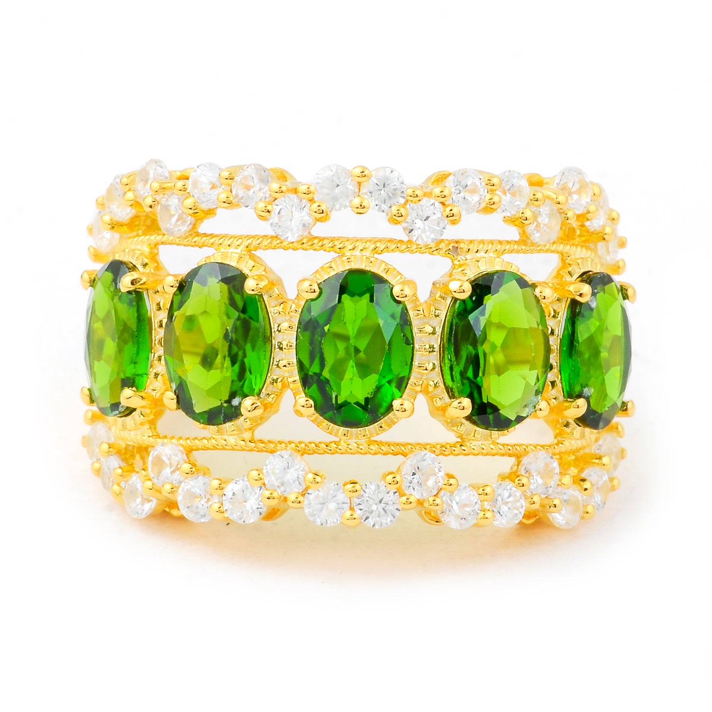 5.78 Ct Oval Chrome Diopside, White Zircon 925 Sterling Silver Ring