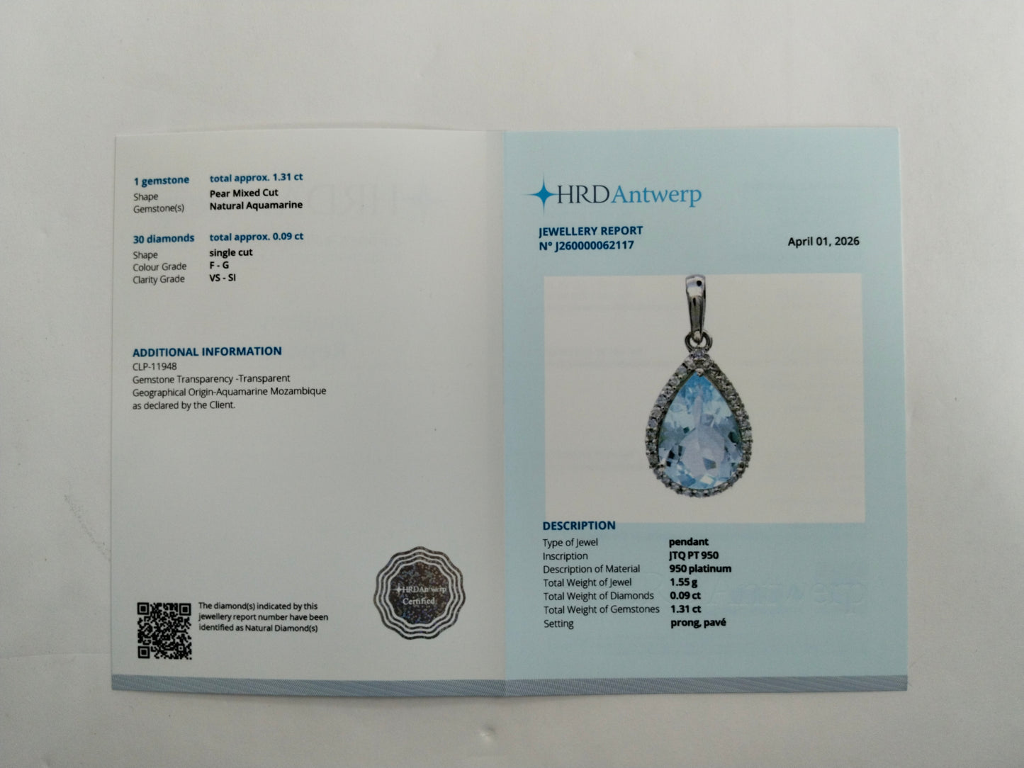 1.40 Ct Pear Mixed Cut Natural Aquamarine 950 Platinum Pendant