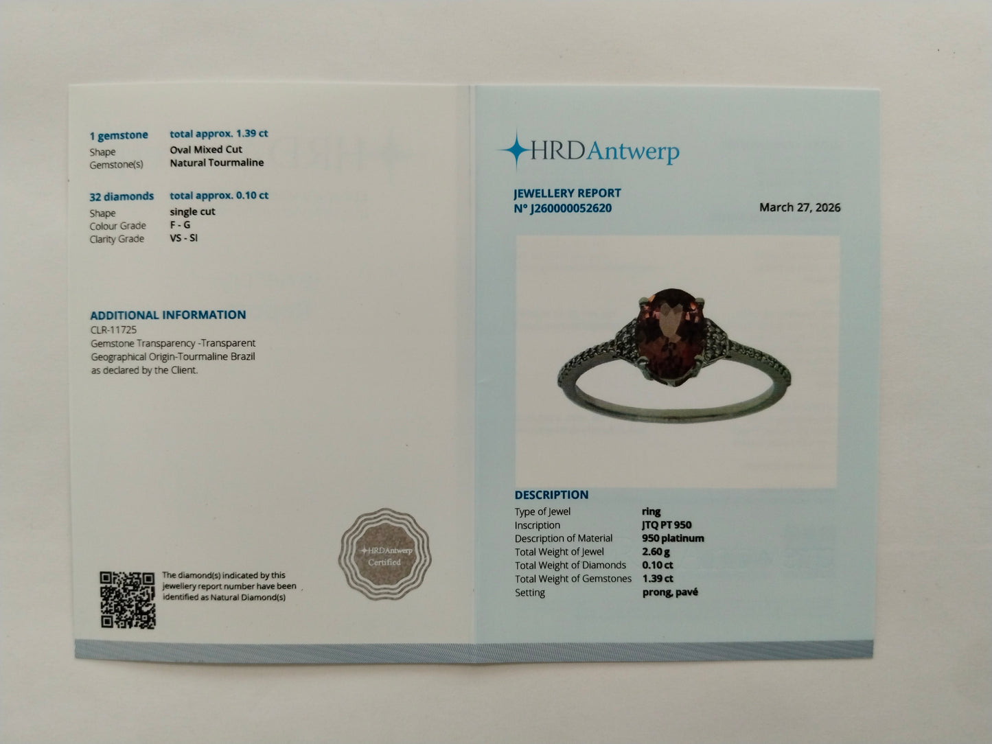 1.49 Ct Oval Mixed Cut Natural Tourmaline 950 Platinum Ring