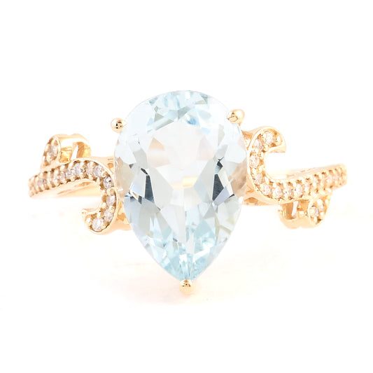 2.76 Ct Pear Mixed Cut Natural Beryl Aquamarine 14K Gold Ring