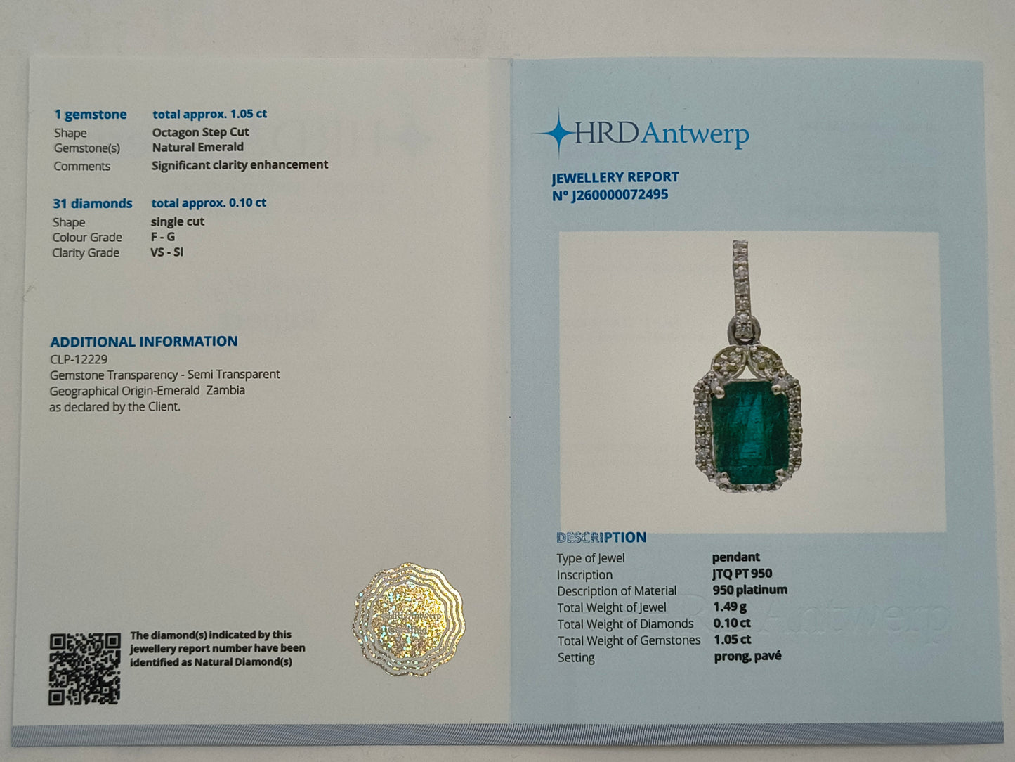 1.15 Ct Octagon Step Cut Natural Emerald 950 Platinum Pendant