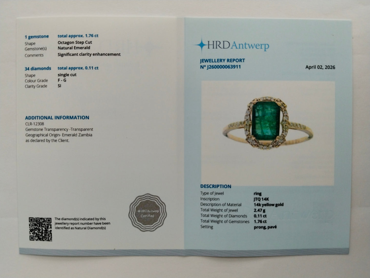 1.87 Ct Octagon Step Cut Natural Emerald 14K Gold Ring