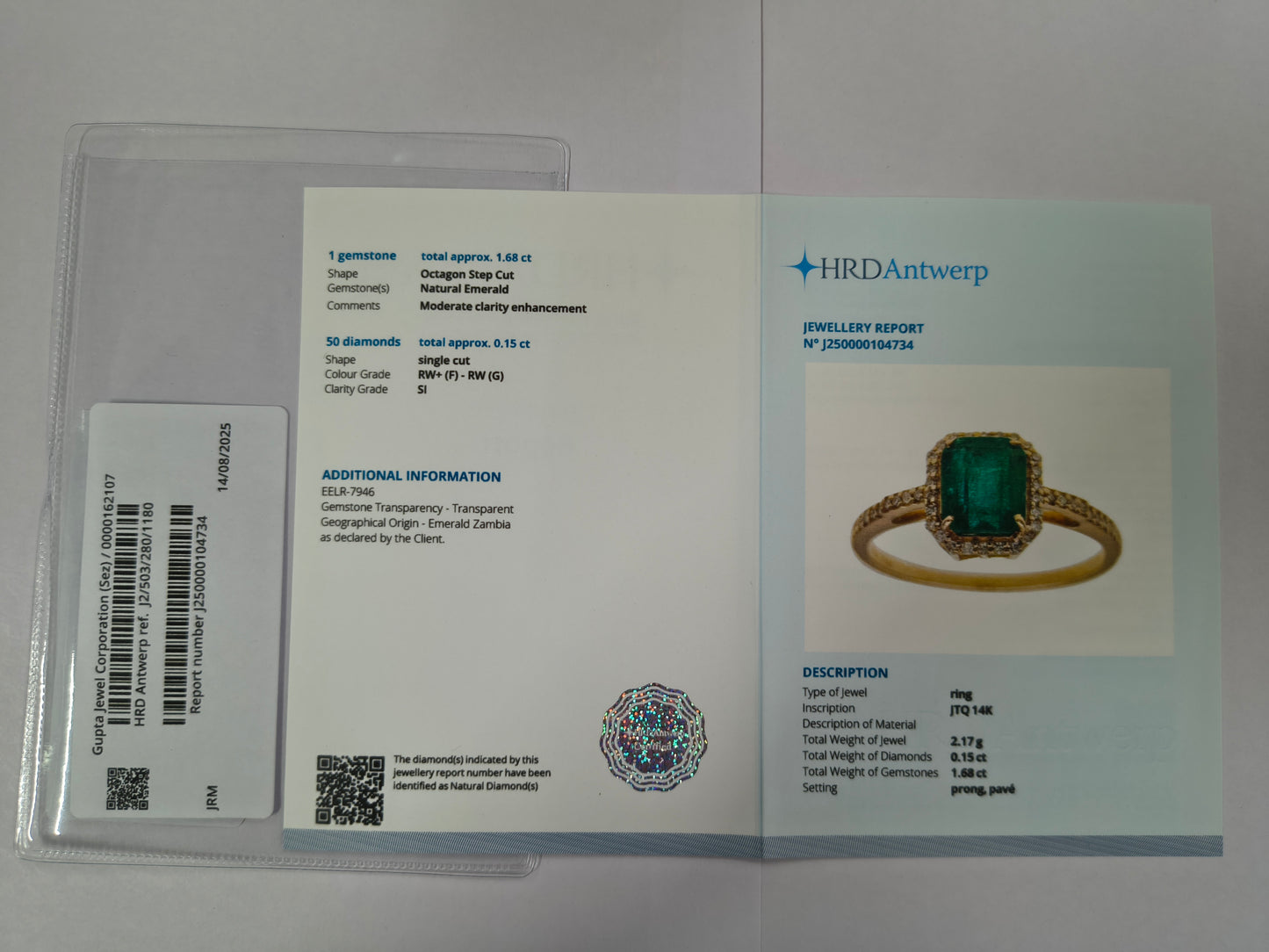 1.83 Ct Octagon Step Cut Natural Emerald 14K Gold Ring