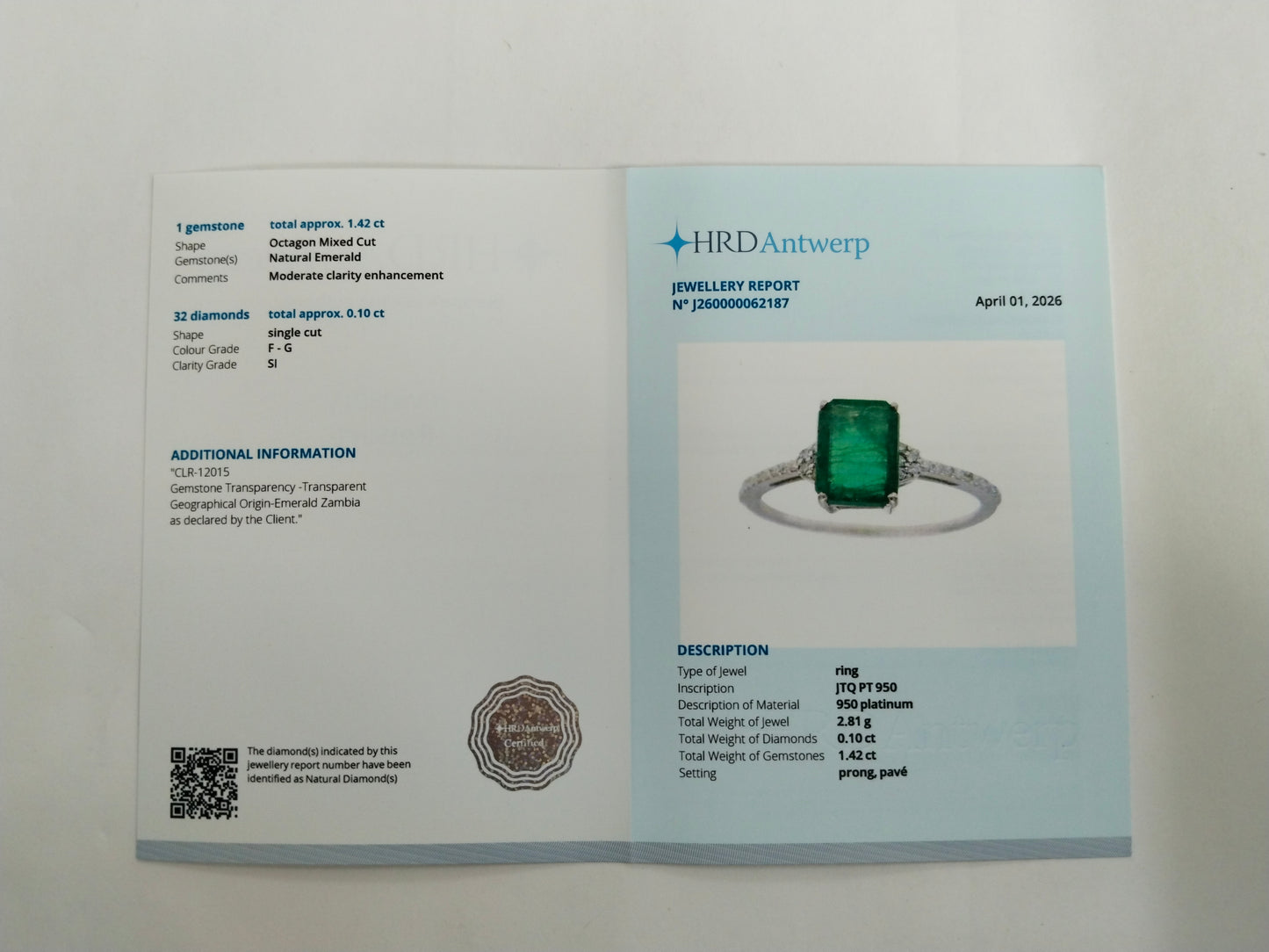 1.52 Ct Octagon Mixed Cut Natural Emerald 950 Platinum Ring