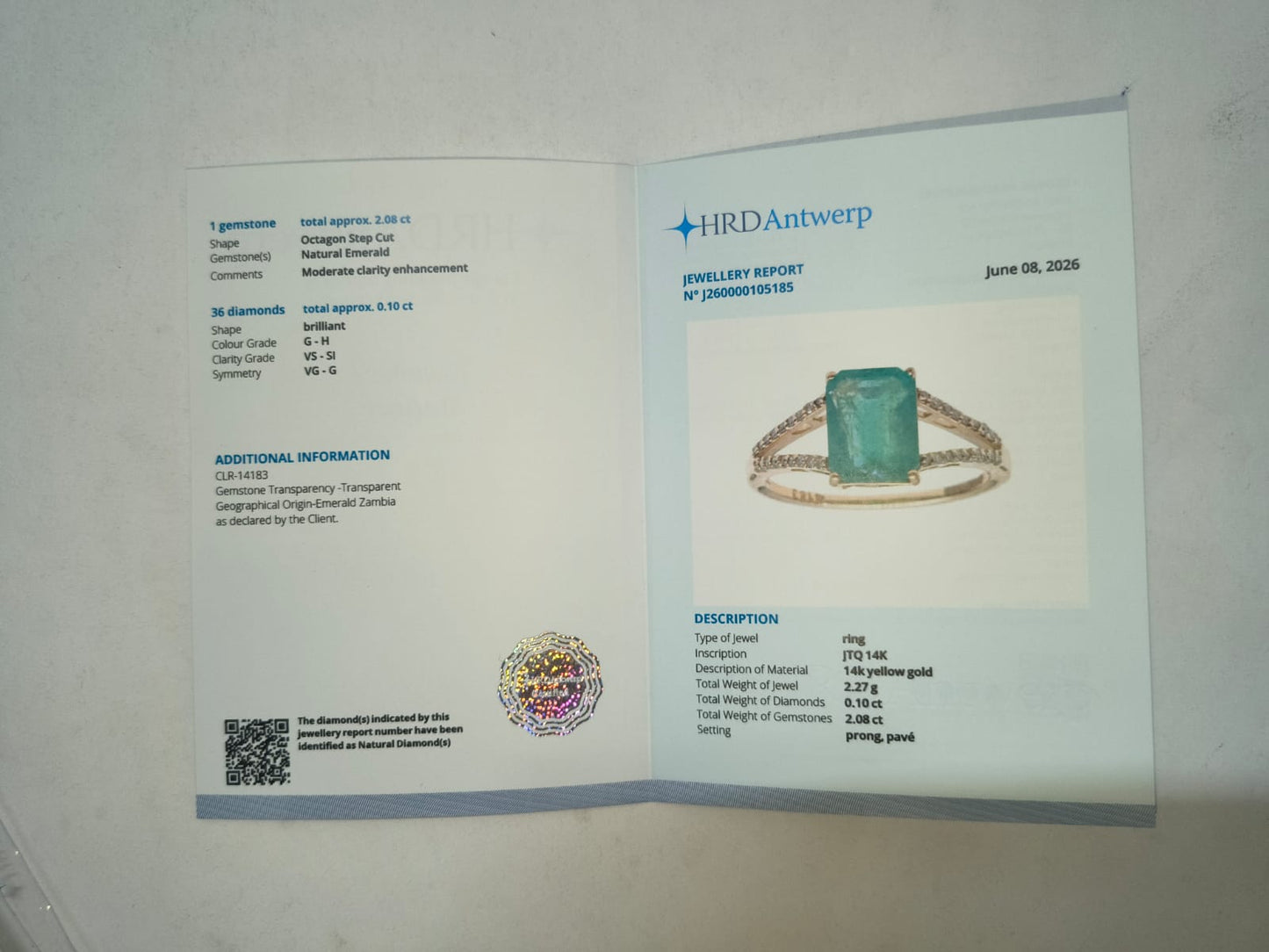 2.18 Ct Octagon Step Cut Natural Emerald 14K Gold Ring