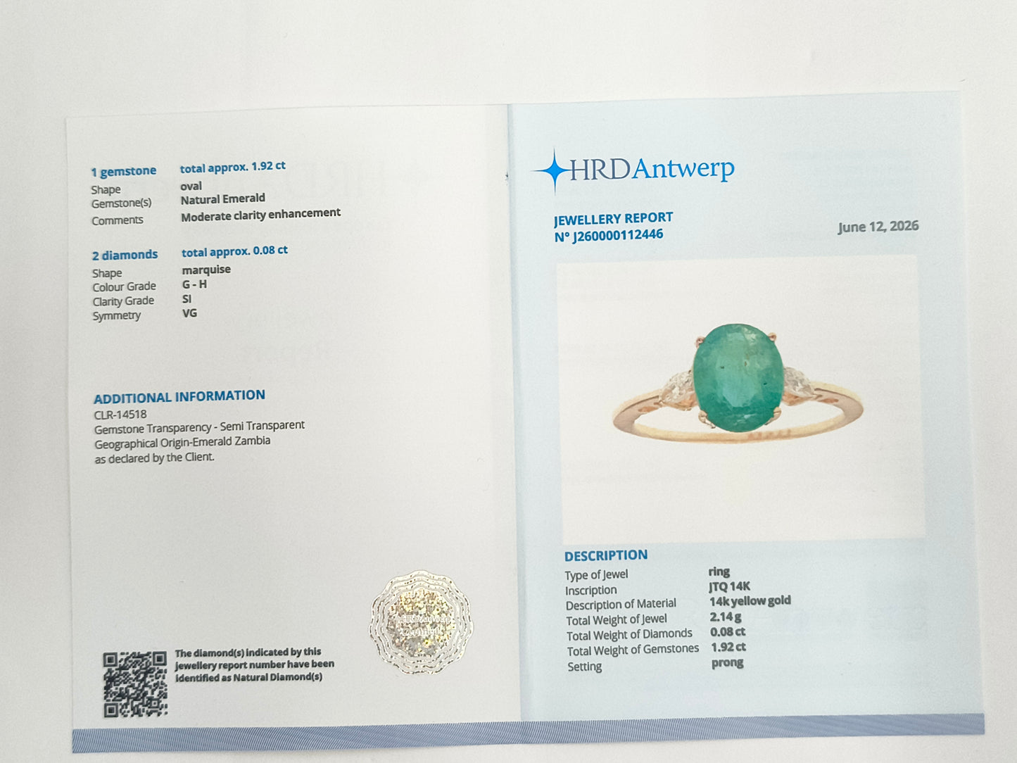 2.00 Ct Oval Natural Emerald 14K Gold Ring