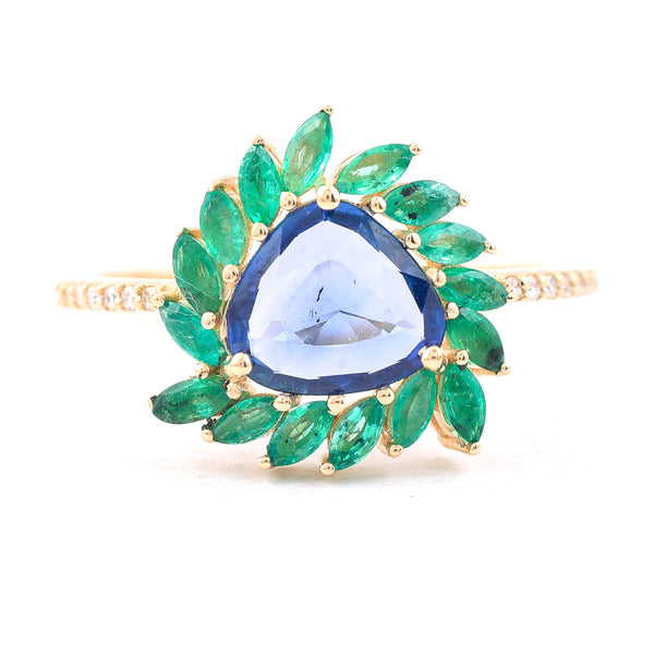 1.52 Ct Triangle Mixed Cut Natural Sapphire 14K Gold Ring