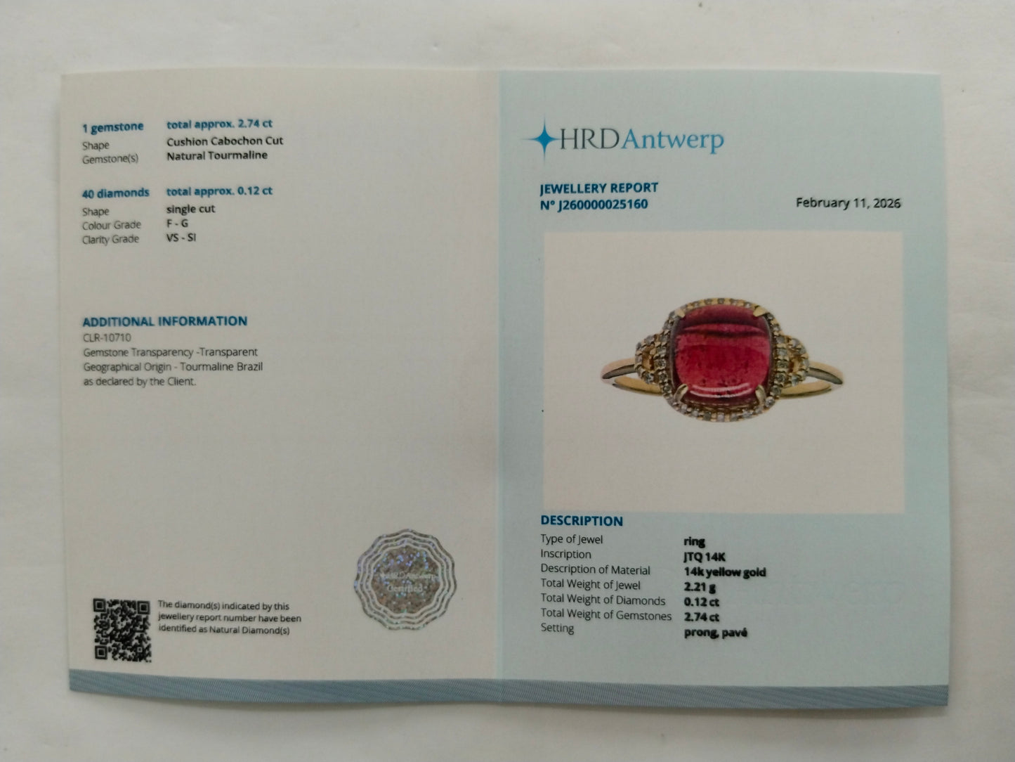 2.86 Ct Cushion Cabochon Cut Natural Tourmaline 14K Gold Ring