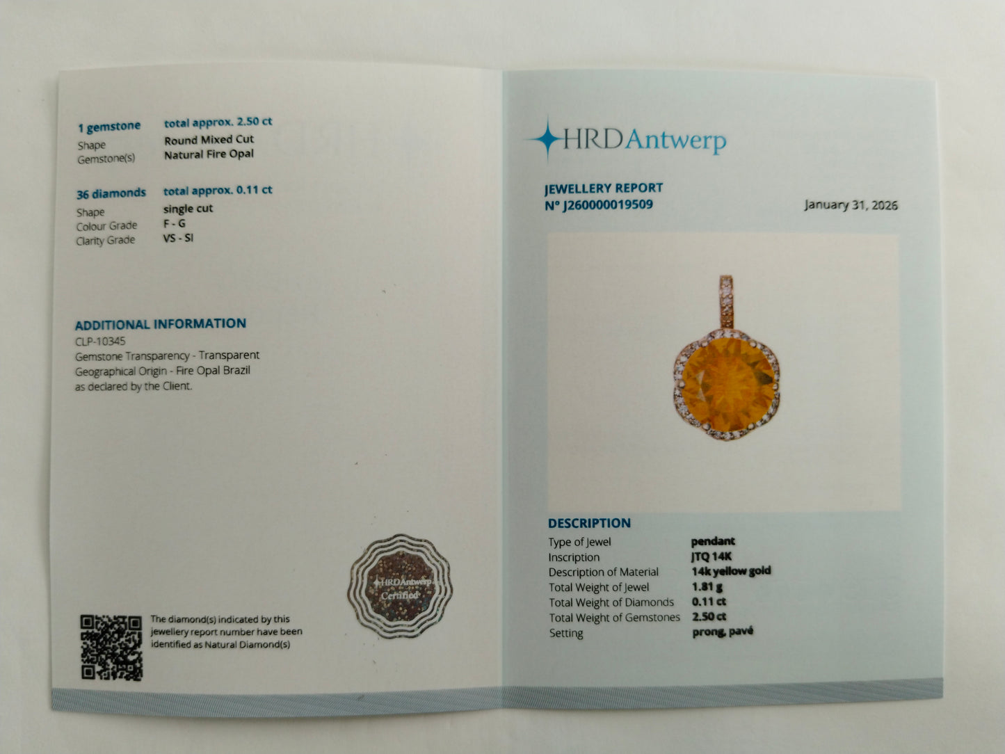 2.61 Ct Round Mixed Cut Natural Fire Opal 14K Gold Pendant