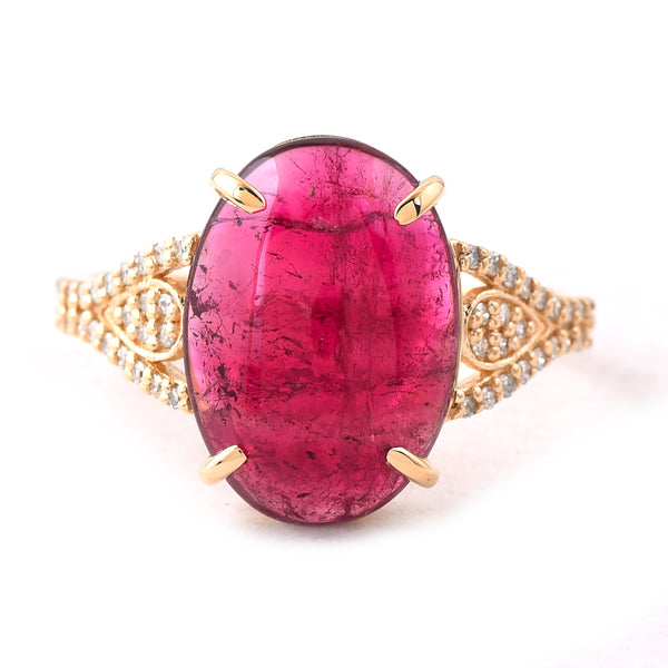 4.40 Ct Oval Cabochon Cut Natural Pink Tourmaline 14K Gold Ring