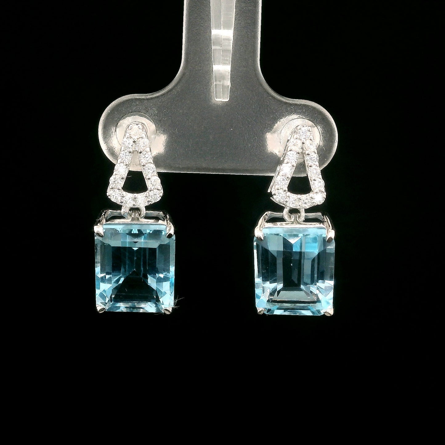 8.82 Ct Octagon Blue Topaz, White Zircon 925 Sterling Silver Earrings