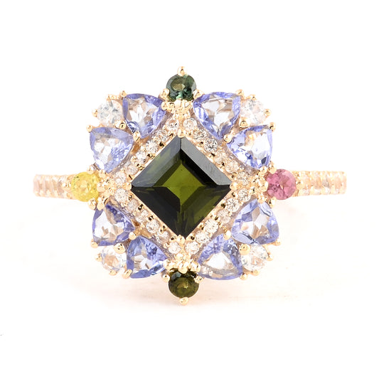 2.11 Ct Square Multi Tourmaline 14K Gold Ring