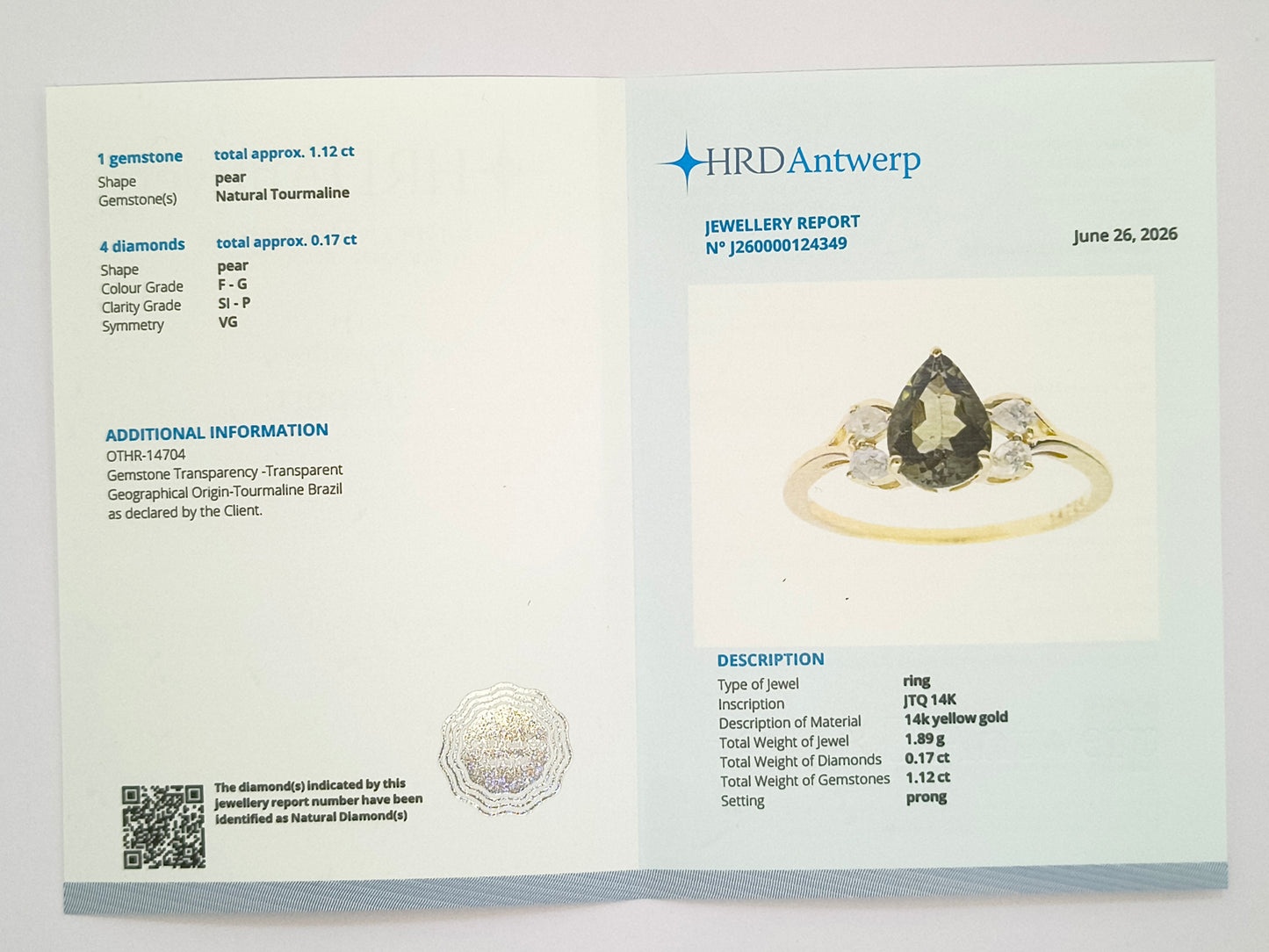 1.29 Ct Pear Natural Tourmaline 14K Gold Ring