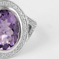 6.58 Ct Oval Amethyst, Cubic Zirconia, 925 Sterling Silver Ring