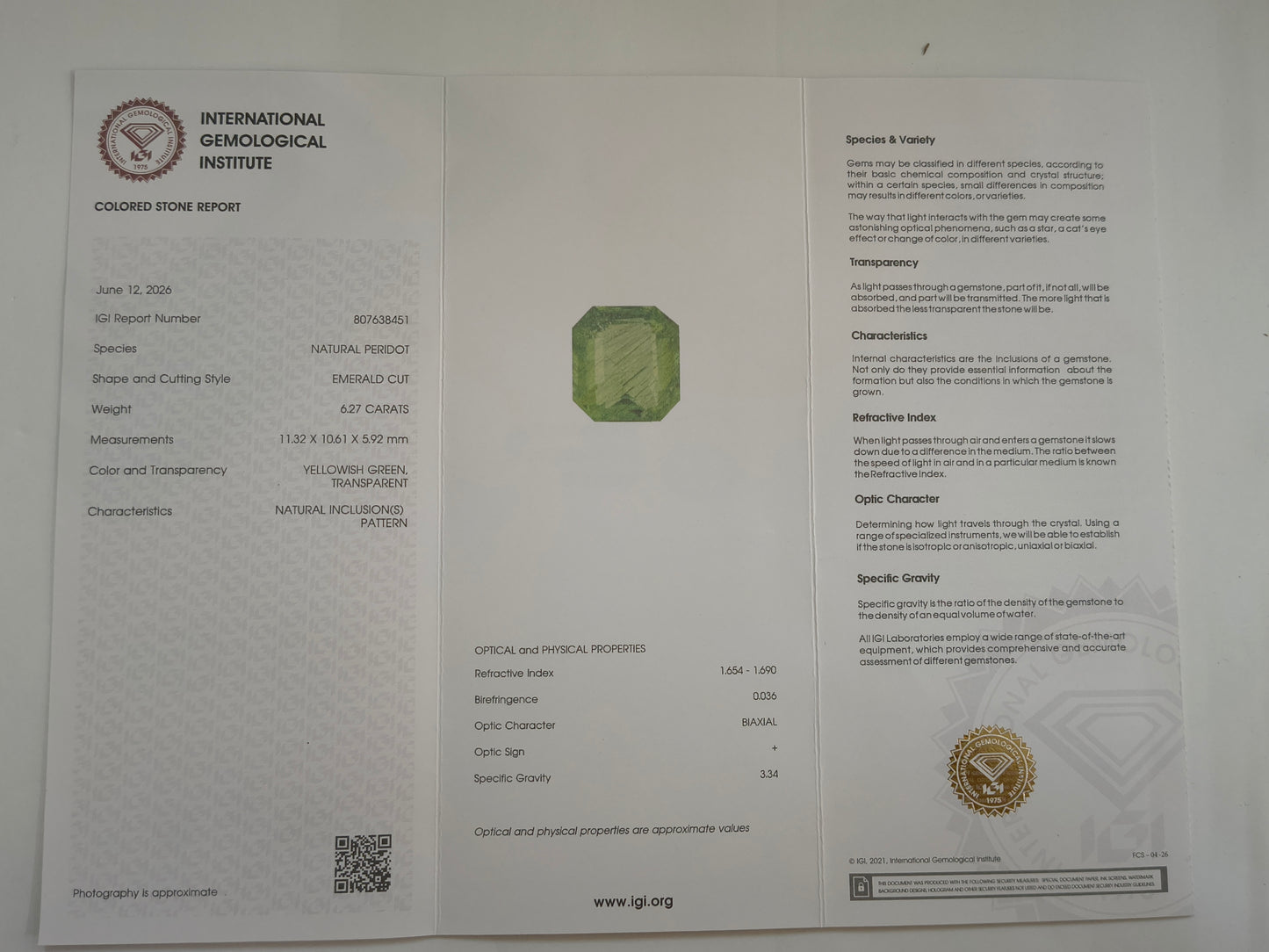 6.31 Natural Peridot Emerald Cut Gemstone