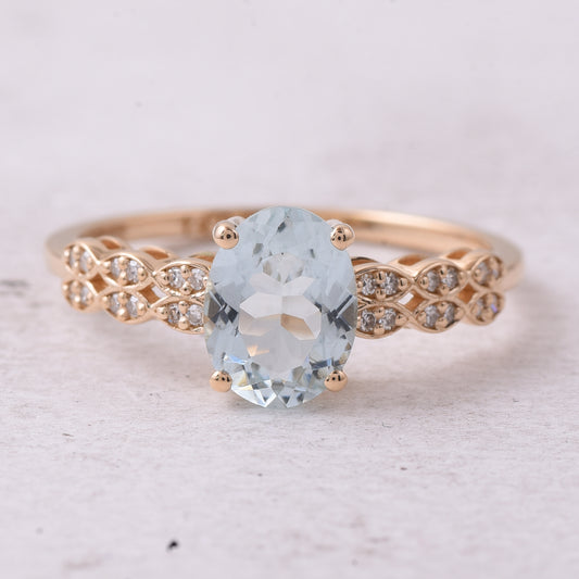 1.20 Ct Oval Mixed Cut Natural Aquamarine 14K Gold Ring