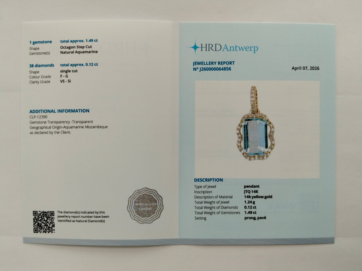 1.61 Ct Octagon Step Cut Natural Aquamarine 14K Gold Pendant