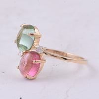 0.77 Ct Oval Cabochon Cut Natural Multi-Coloured Tourmaline 14K Gold Ring