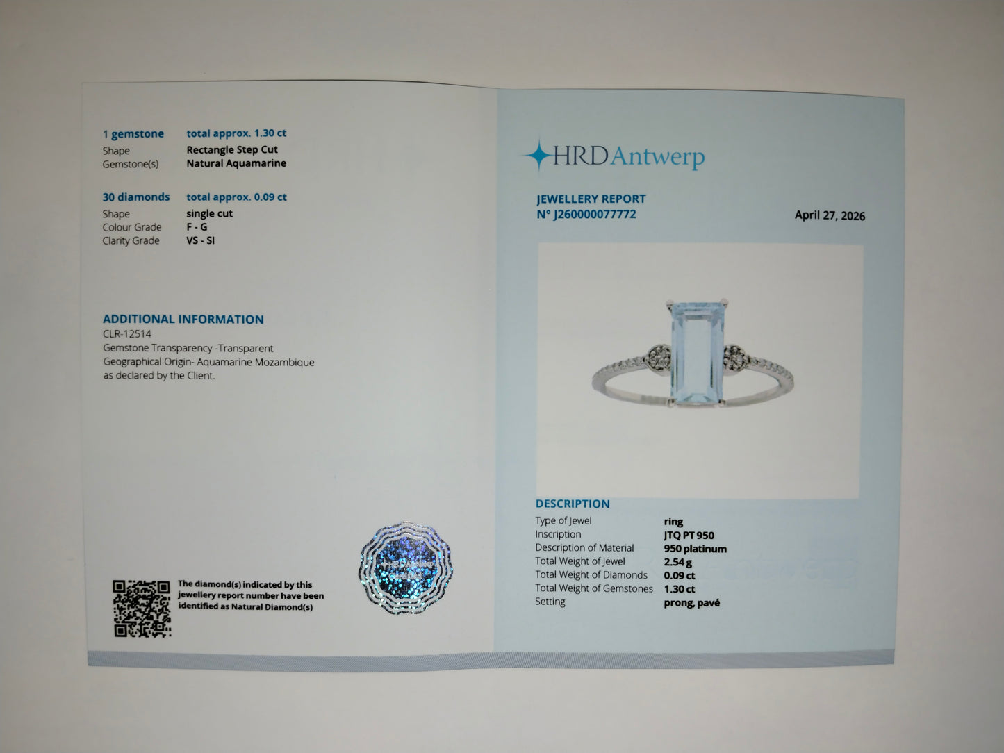 1.39 Ct Rectangle Step Cut Natural Aquamarine 950 Platinum Ring