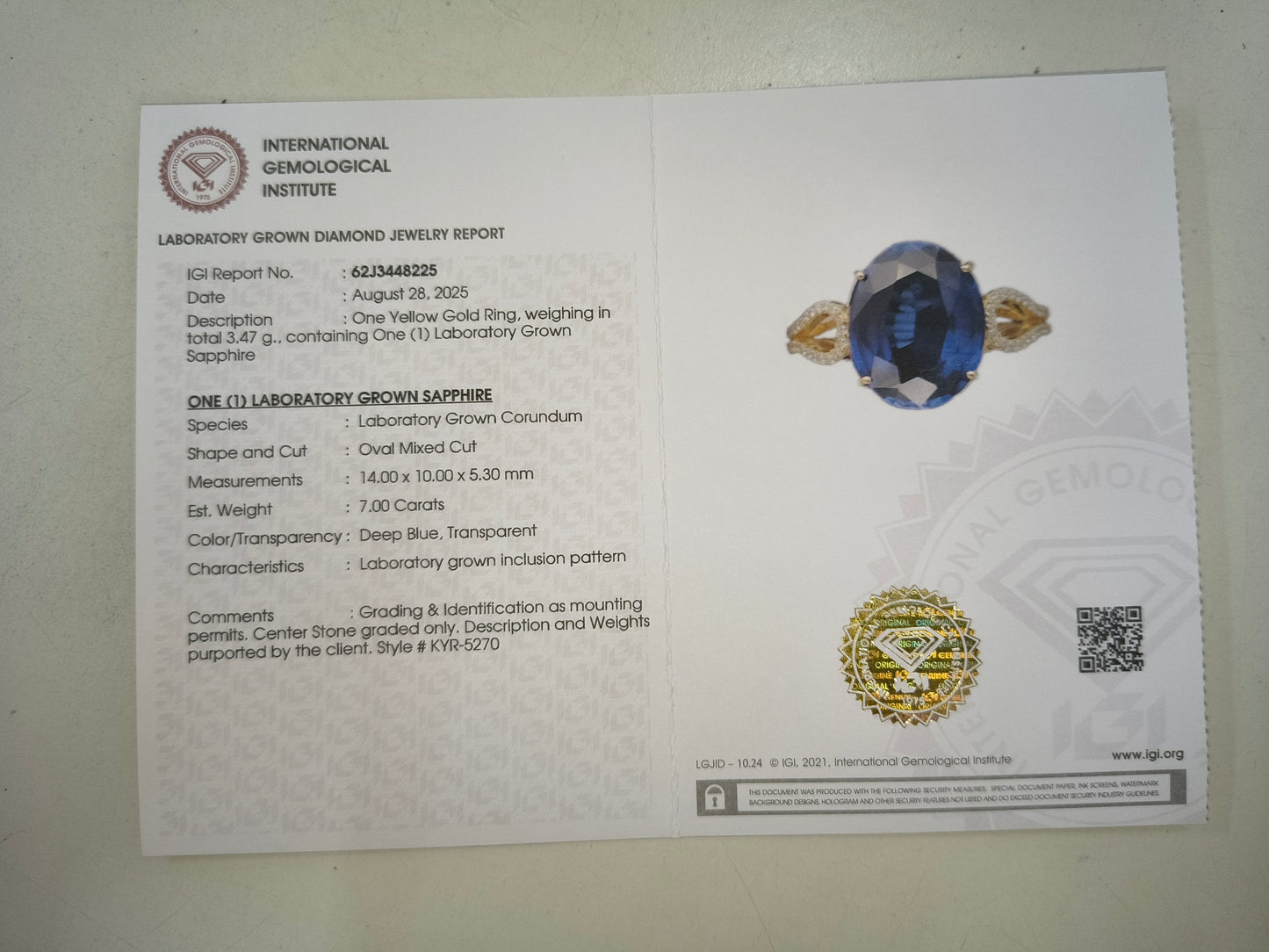 7.17 Ct Oval Mixed Cut Lab Grown Sapphire 14K Gold Ring