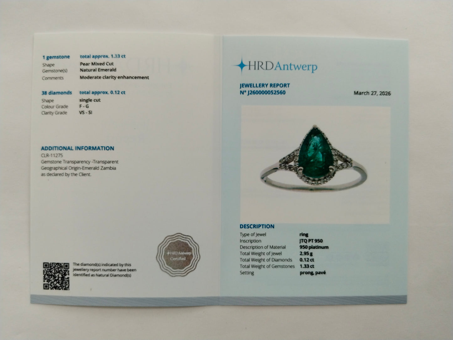1.45 Ct Pear Mixed Cut Natural Emerald 950 Platinum Ring