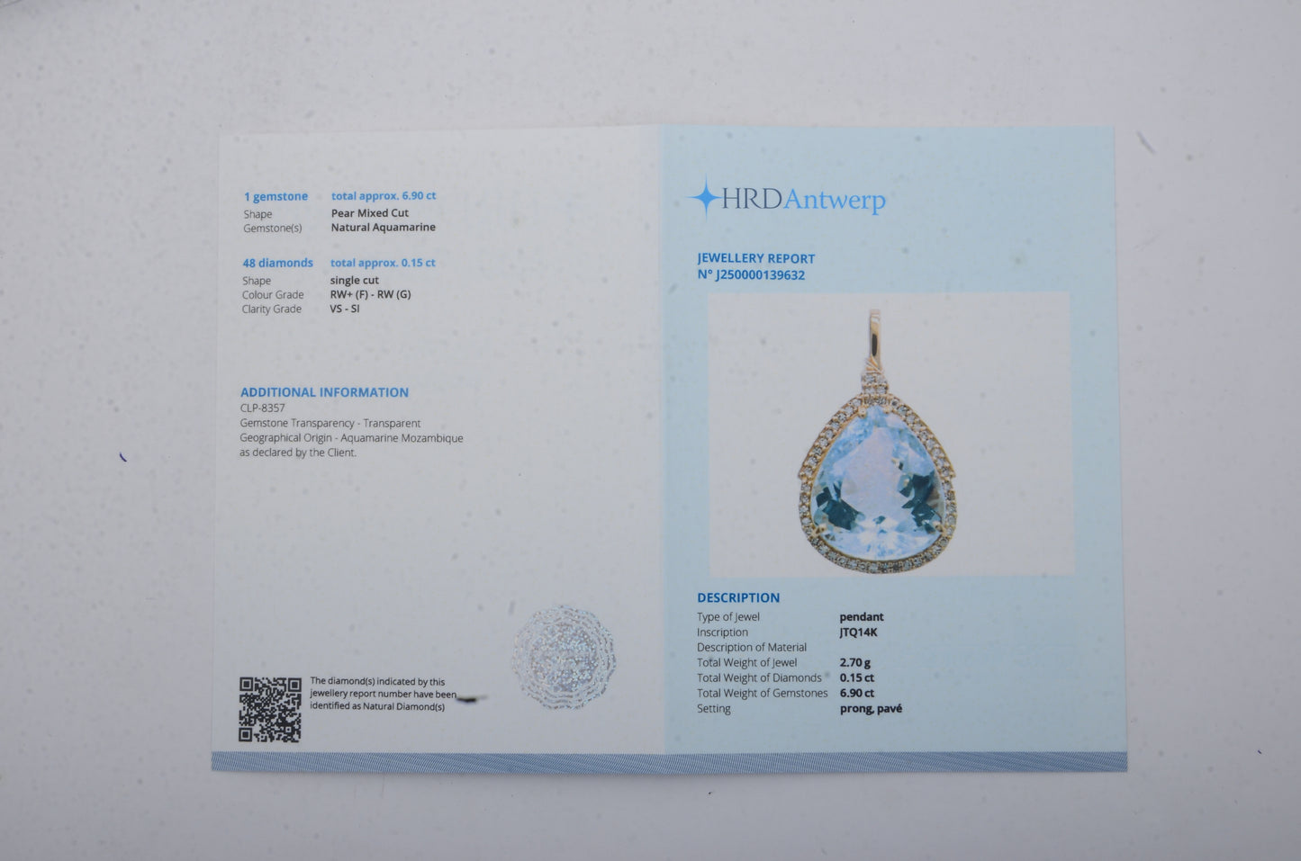 7.05 Ct Pear Mixed Cut Natural Aquamarine 14K Gold Pendant