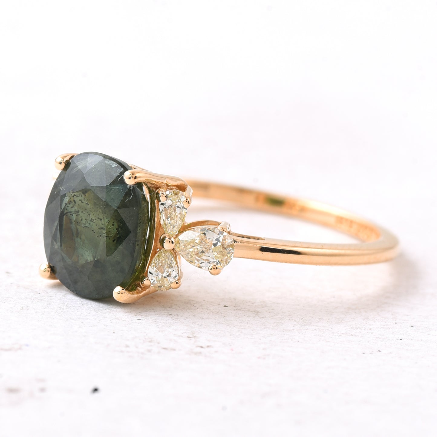 3.31 Ct Cushion Mixed Cut Natural Green Sapphire 14K Gold Ring