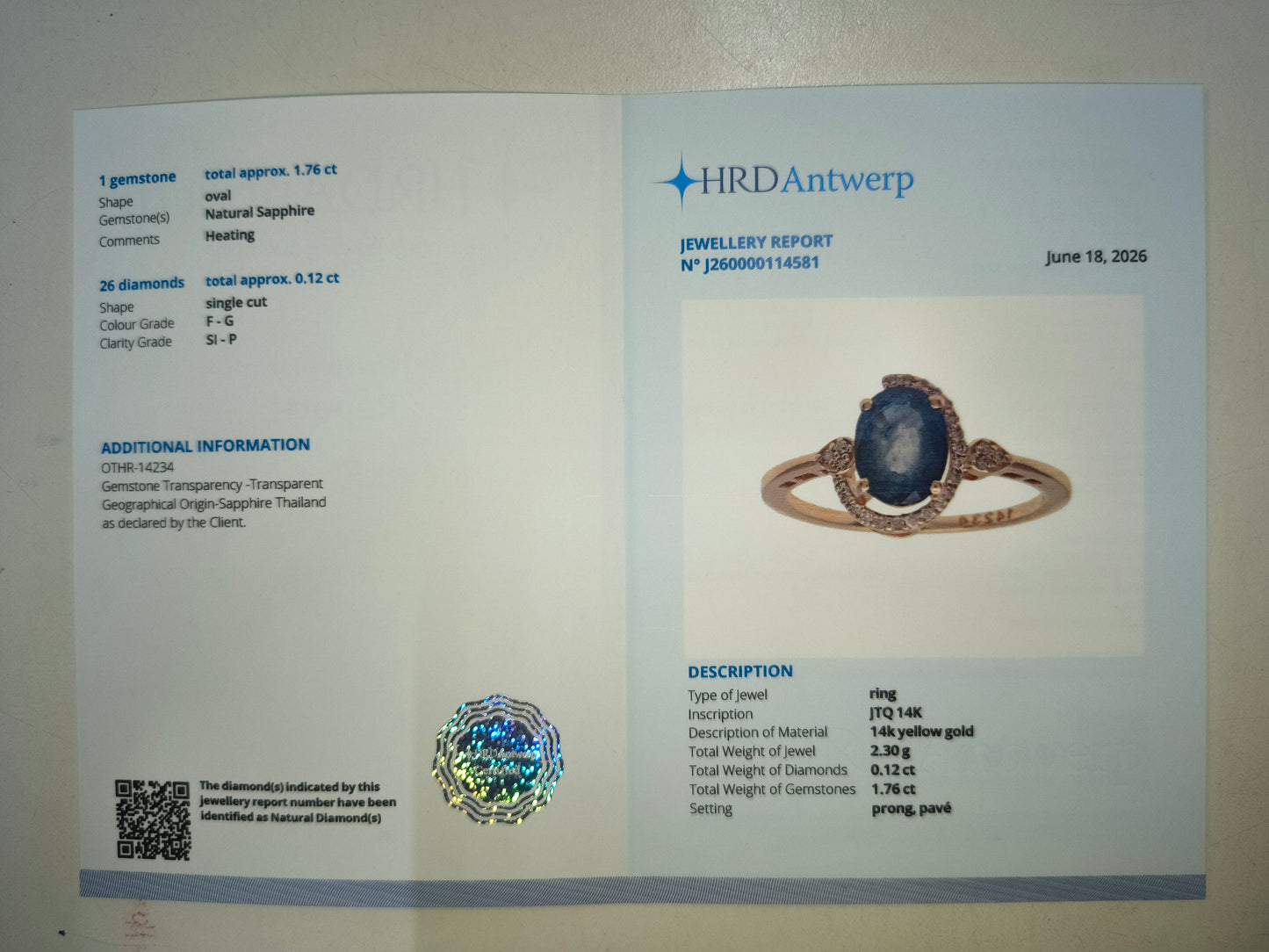 1.88 Ct Oval Natural Sapphire 14K Gold Ring