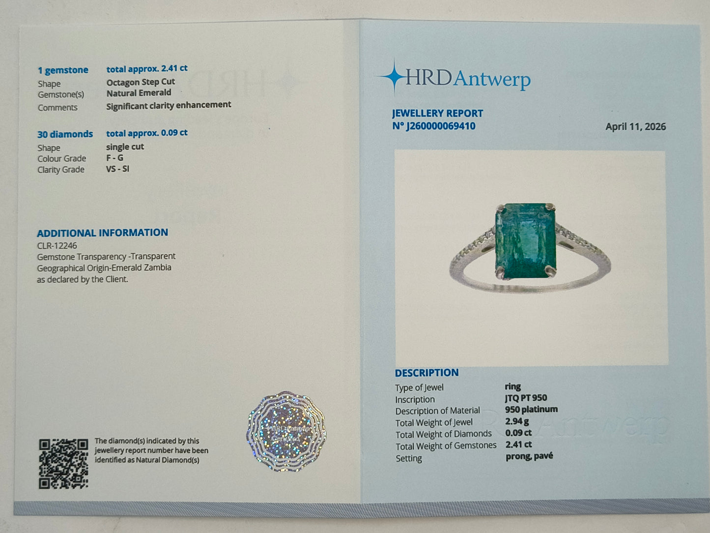 2.50 Ct Octagon Step Cut Natural Emerald 950 Platinum Ring