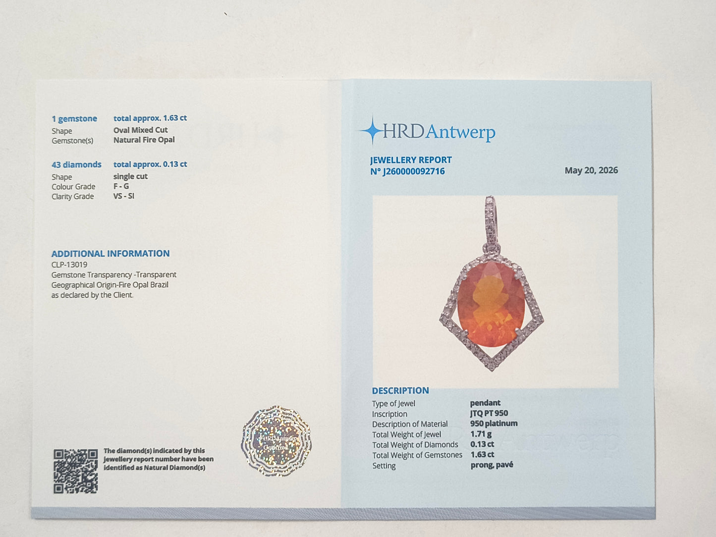 1.76 Ct Oval Fire Opal 950 Platinum Pendant