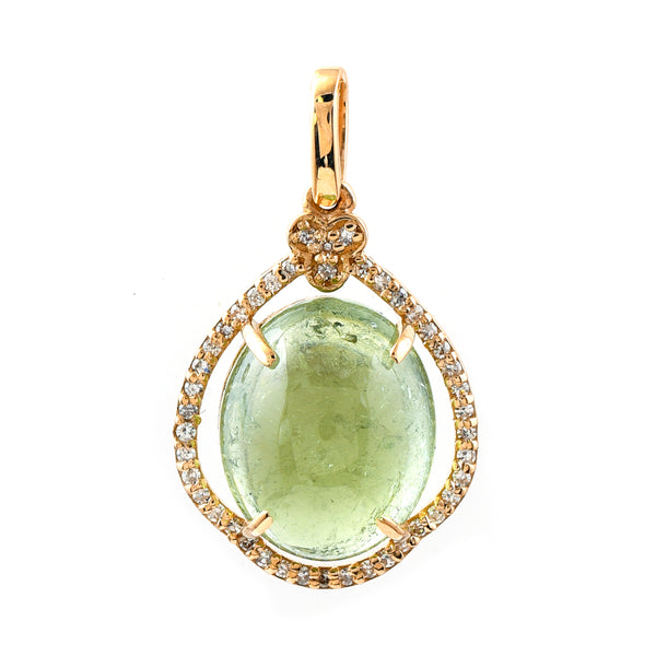 6.58 Ct Oval Cabochon Cut Natural Green Tourmaline 14K Gold Pendant